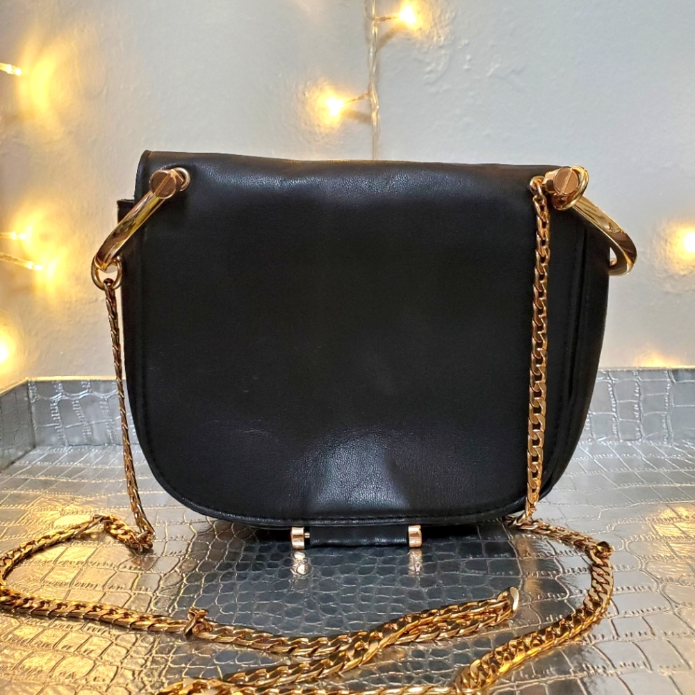 Mini Black Faux Leather Crossbody Bag with Gold Chain